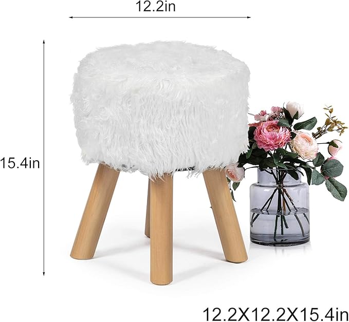 Asense Small Round Ottoman Foot Rest Stool Faux Fur Padded Seat Footstool Ottoman with Non-Skid Wooden Legs (White,Long Leg Version,Faux Fur)