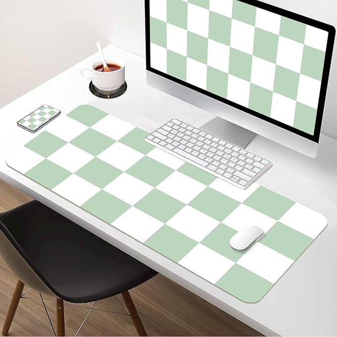 Large Checkered Desk Mat 35.4" x 15.7", PU Leather Mouse Pad Protector, Deskmat for Desk, Non-Slip Green Desk Mat, Waterproof Writing Pad for Office and Home (35.4in*15.7in, Green Plaid)