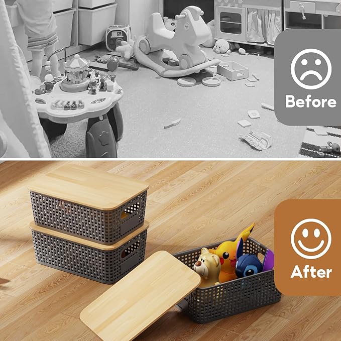 8 Pcs Plastic Storage Bins with Bamboo Lids and Labels 5.29qt Stackable Box Basket Pantry Decorative Containers, Small Storage Baskets for Drawers Organizing Closets Bedrooms Cabinets 10*7.2*4.1"
