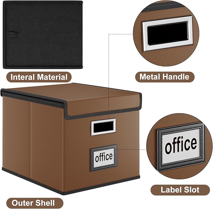 Portable Leather File Organizer Boxes with Lids, Office Document Boxes Organizer, Filing Boxes, Decorative Small File Boxes for Hanging Files with Plastic Slide for Office/Decor/Home