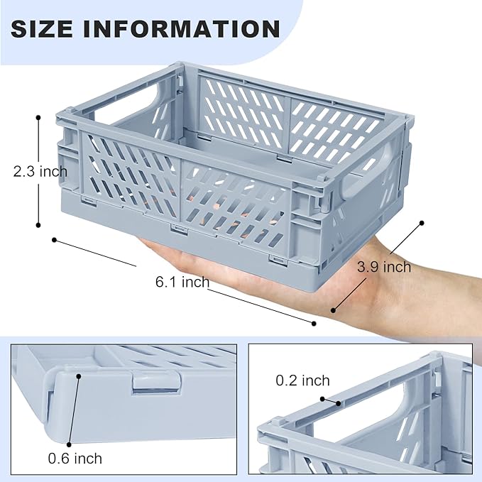 Mini Pastel Plastic Storage Bins 2Pcs Foldable Pastel Crates Plastic Basket Colorful Storage Containers Baskets for Classroom Kitchen Office Bedroom Desktop Home Decor (Blue 5.8" x 3.8" x 2.2")