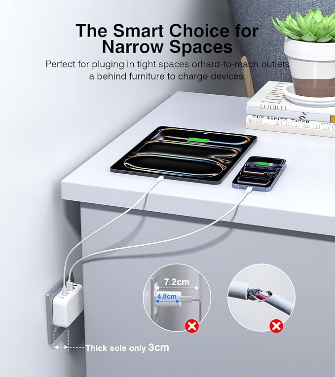 Flat USB Wall Charger, 100W 6-Port USB Charger Block, Fast Charging Block Station Outlet Plug Adapter with 20W Port Power Delivery and Type-C for iPhone 17/16/15/14/13/12/11/Pro Max/XS/XR/8/7,Tablets
