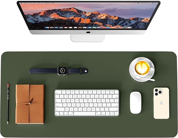 WAYBER Leather Desk Pad Protector, Waterproof Mouse Pad, PU Desk Mat, Office Desk Cover, Desk Writing Mat for Office/Home/Work/Cubicle (Green/Gray) 23.7x13.8 in