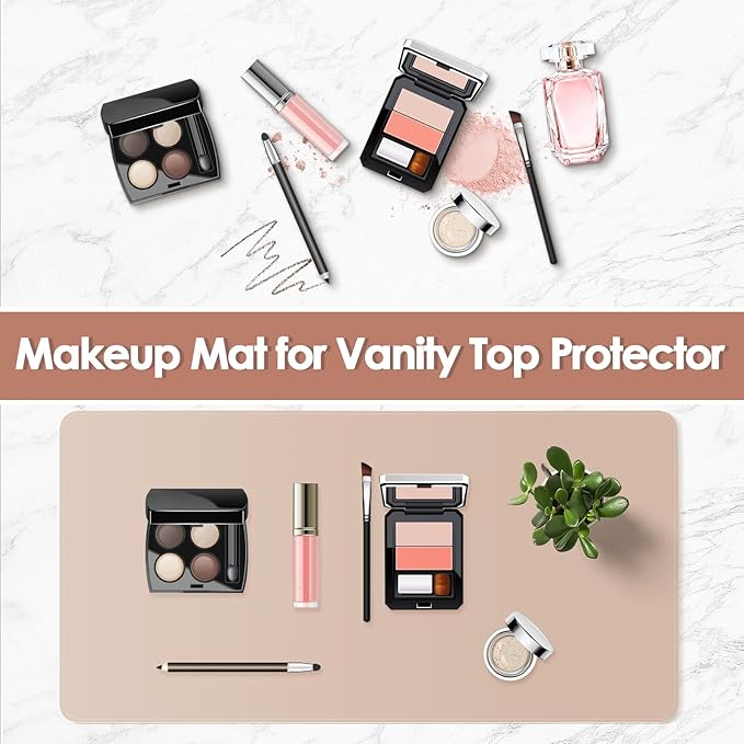 Makeup Mat for Vanity to Protect Desk Top 35.4 x 15.7 in, Dual-Sided Makeup Mat, Easy to Clean Desk Pad - Waterproof and Oilproof Vanity Accessories (White and Khaki)