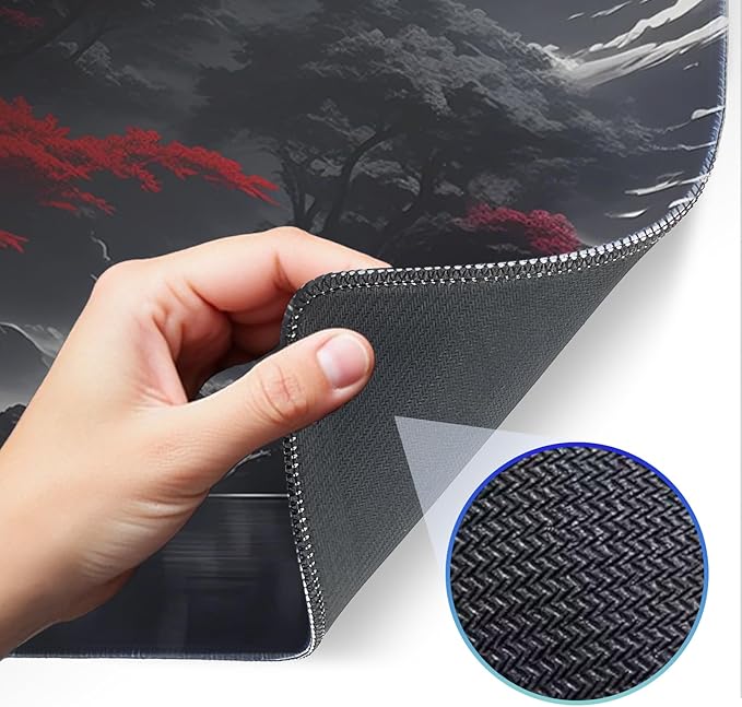Japanese Dark Red Moon Gaming Mouse Pad, Extended Mouse Pad with Non-Slip Base, Full Keyboard Pad with Stitched Edges, Large Desk Pad for Gaming, Office, Home 31.5 x 11.8 Inch