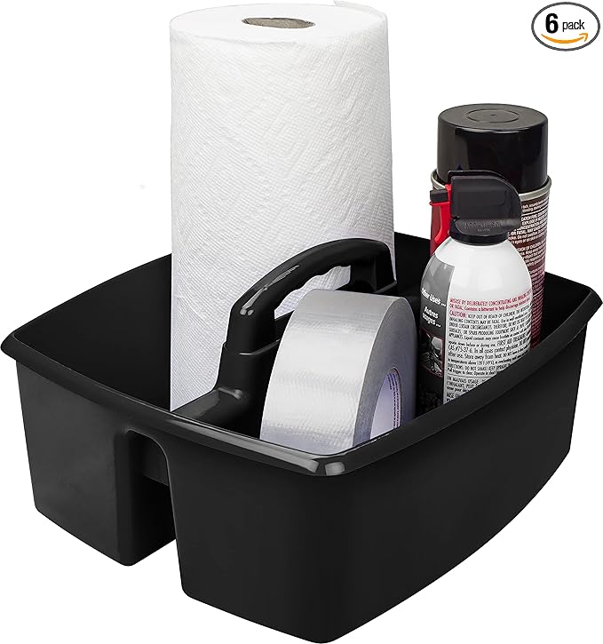 Storex 2-Compartment Large Cleaning Caddy – Multipurpose Supply Organizer with Handle - Black (00973A06C) (Pack of 6)