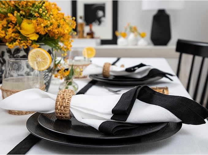 Solino Home Linen Cloth Napkins Set of 4-100% Pure Linen Black and White Dinner Napkins 20 x 20 Inch for Spring, Summer - Classic, Handcrafted and Machine Washable