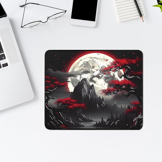 FreeNook Small Gaming Mouse Pad, Anime Black Mousepad with with Non-Slip Base, Expanded Cool Desk Mat, Mountain Moon Scenery Keyboard Mat Suitable for Home Office,10.2 X 8.3 Inch