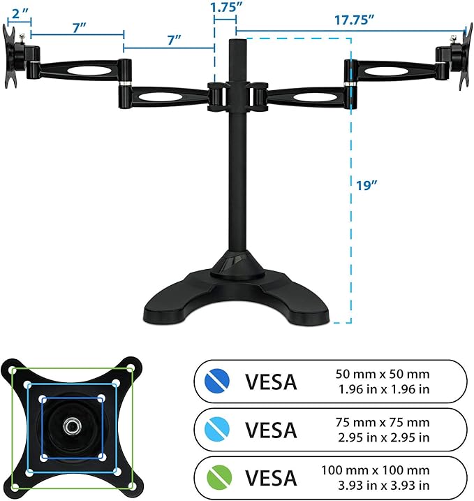 Mount-It! Dual Monitor Stand for Desk, Adjustable Monitor Stand for 2 Screens up to 27", 22 lbs Each, VESA 75x75 100x100, Full Motion Arms, Free Standing Base or Grommet Mount, MI-792