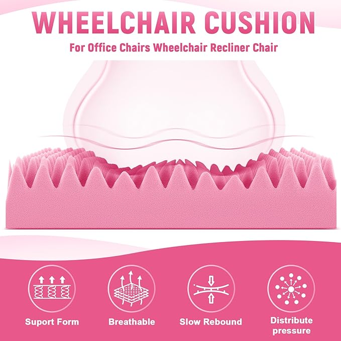 Geiserailie 1 Pcs 32 x 18 x 3 Inches Egg Foam Pad with Back Egg Foam Cushions Wheelchair Seat Cushion to Relieve Back for Office Chairs Wheelchairs Recliner Chair Accessories (Pink)