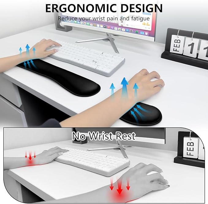 Bloss 2 Wrist Rest Support for Mouse Pad & Keyboard Set, Ergonomic Design Wrist Support Pad for Keyboard, Soft Memory Foam Desk Pads Support Hand and Arm Easy Typing Pain Relief - Black