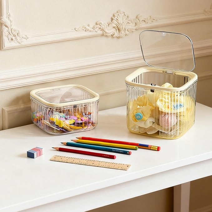 THMINS 2 Pack Hair Accessories Organizer for Girls,Small Plastic Storage Box with Lid for Kids Hair Clips,Ties,Bows&Jewelry,Stackable Dust-Proof Flip Top Container,Desktop Organizer(Clear)