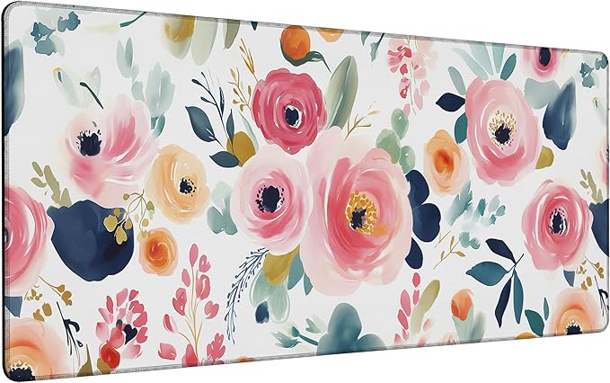 Watercolor Floral Mouse Pad,35.4 x 15.7 Inch Large Mouse Mat Non-Slip Rubber Stitched Edges for Writing Desk,Office,Home,Laptop