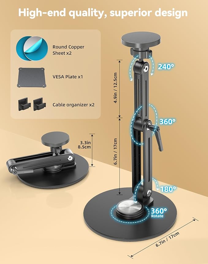 Jakeko Magnetic Portable Monitor Stand 15.6" - VESA Mount 75mm 13.3" 14.1" 15.6" 17.3" 18.5 inch Screen for Desk Adjustable Foldable 360° Swivel Tool-Free