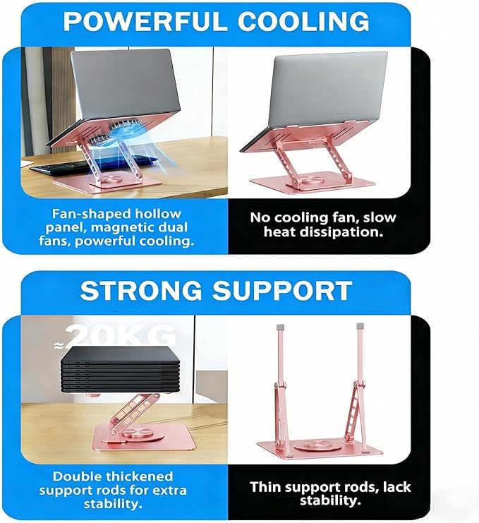 Laptop Stand with Cooling Fan, 360° Rotating Base Aluminum Laptop Riser, Foldable Ergonomic Computer Stand for Desk, Height Adjustable Notebook & All Laptops Up to 17.3" (Pink)
