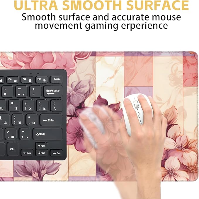 Large Mouse Pad Colorful Marble and Flower Gaming Mousepad Desk Pad Mat for Keyboard and Mouse, Large Non-Slip Rubber Base Mousepad Desk Mat with Stitched Edges for Gaming Office, 31.5 x 15.8 in