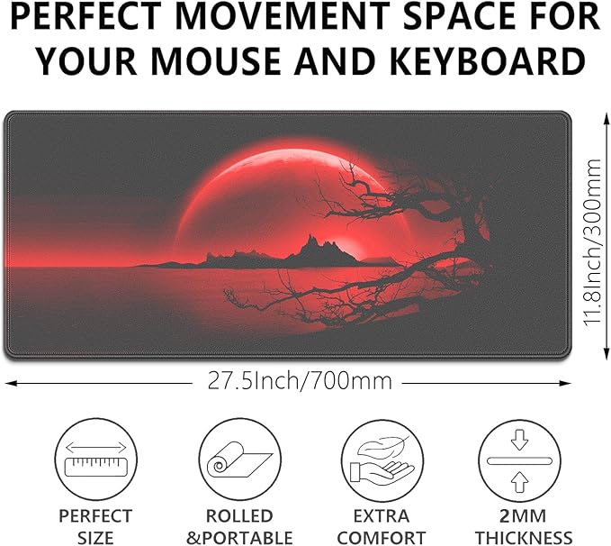 Crimson Moon Night Mouse Pad Desk Pad, 27.5x11.8 in Large Mouse Pad Extended Keyboard Mousepad with Stitched Edges, Waterproof Non-Slip Rubber Base for Office Computer Laptop Home