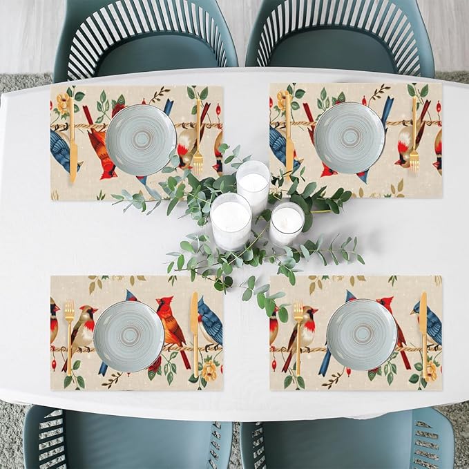 Placemats Set of 4 Heat-Resistant Rectangle Place Mats Retro Bird Cardinals Washable Plastic PVC Dining Table Mat Non-Slip Wipeable Woven Vinyl Placemat for Kitchen Patio Table Decor