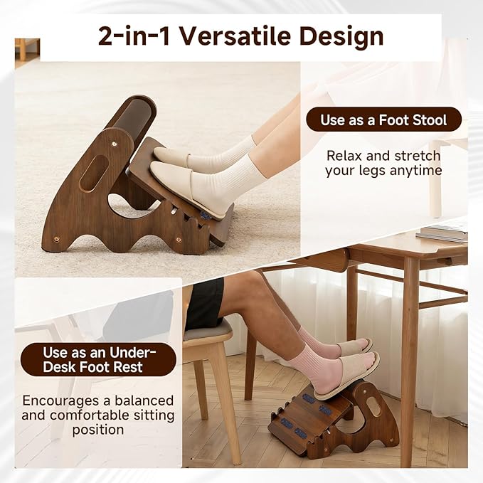 Wood Foot Rest for Under Desk at Work,Adjustable Rocking Foot Stool with 3 Height Positions,Soft Crossbar & Anti-Slip Surface, Ergonomic Wooden Footrest for Improved Posture, Home & Office