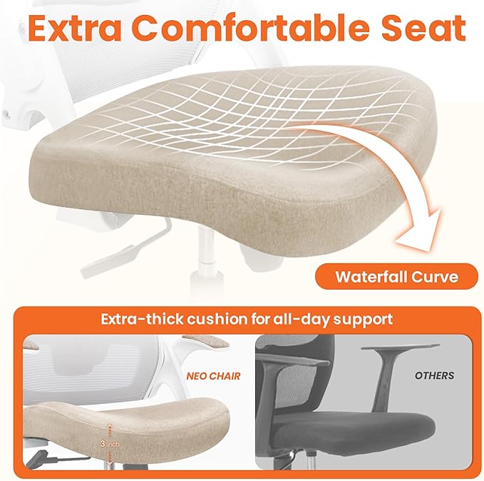 NEO CHAIR Office Desk Gaming Chair Computer High Back Mesh Seat with Rolling Wheels Ergonomic Adjustable Comfy Flip-up Armrests Lumbar Support Height for Home (Beige)