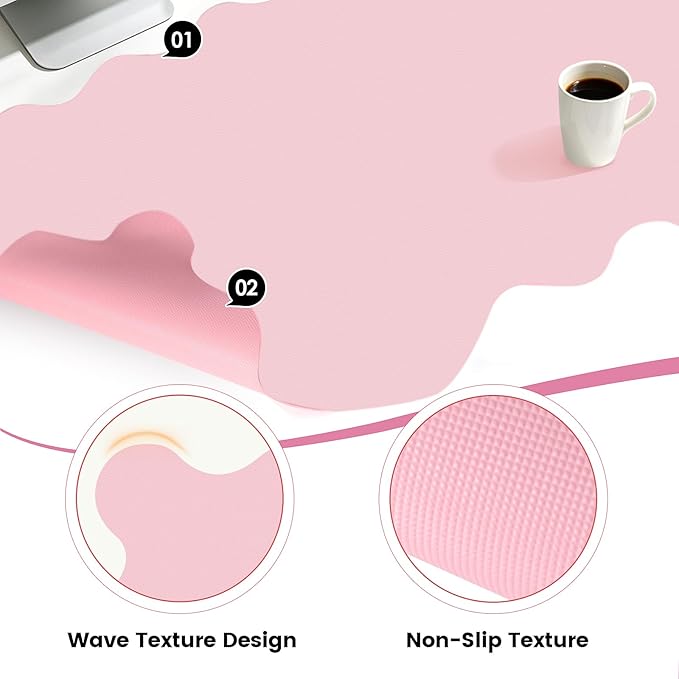 Scalloped Pink Desk Mat, 23.6" x 11.8" Waterproof Large Desk Mat, Non-Slip Computer Mouse Pad and Keyboard Mat, Pink Cute Desk Mat for Office, Work, Home, or Vanity