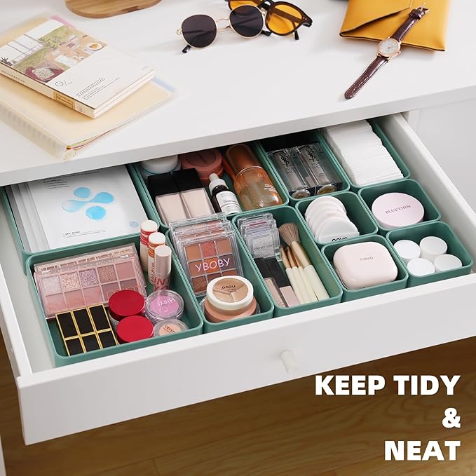 CHANCETSUI 11-Piece Stackable Drawer Organizer Set, Multi-size Desk Drawer Organizer Trays Vanity Storage Bins for Storing Makeup, Stationery, Utensils in Bathroom Dresser, Office and Kitchen