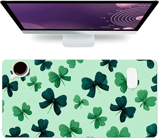 Green Bow Mouse Pad PU Leather Clover Desk Mat Large Waterproof Gaming Pad Non-Slip Keyboard Mouse Pad Writing Pad for Gamer Office&Home