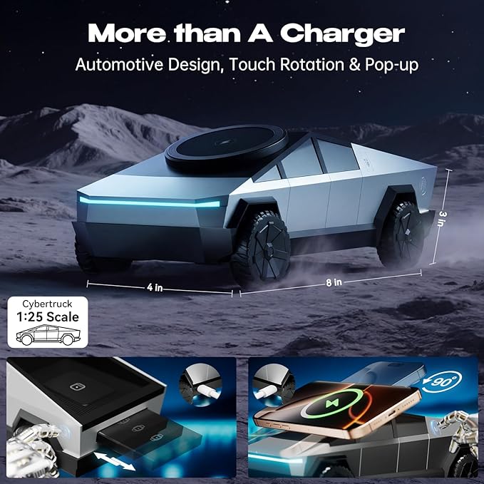 CyberDock 3-in-1 Wireless Charging Station, Cybertruck 1:25 Scale Charger with Qi2 Certified 15W Charging for iPhone iWatch AirPods, Magnetic Rotating Charger with Ambient Light, 30W Adapter, Sliver