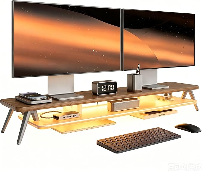 Fenge Dual Monitor Stand with 8-Mode LED Lights, 5.7" H Computer Monitor Riser with Acrylic Shelf & Aluminum Legs, Stable Desk Shelf Organizer for Computer Laptop Home Office & Gaming, Brown