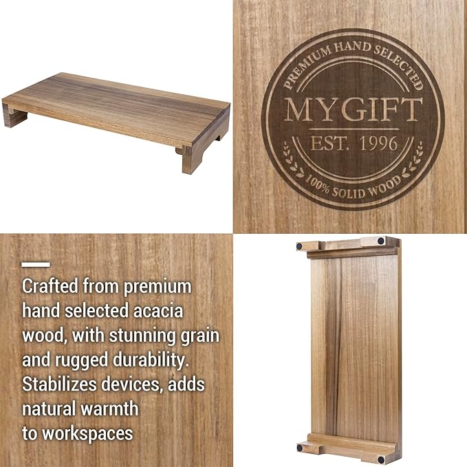 MyGift Premium Acacia Solid Wood Desk Monitor Stand, Laptop Riser & Keyboard Storage – Wooden Desktop Organizer for Screen Display and Workspace Organization