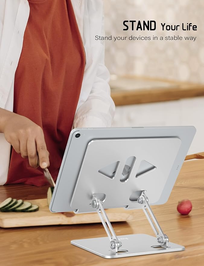 Aoviho Tablet Stand Holder for Desk, Adjustable Desktop Tablet Holder, Foldable Aluminum Tablet Mount for iPad pro 11, iPad Air Mini, Samsung Galaxy Tabs Z Fold Kindle Fire 4-12 inch, Silver