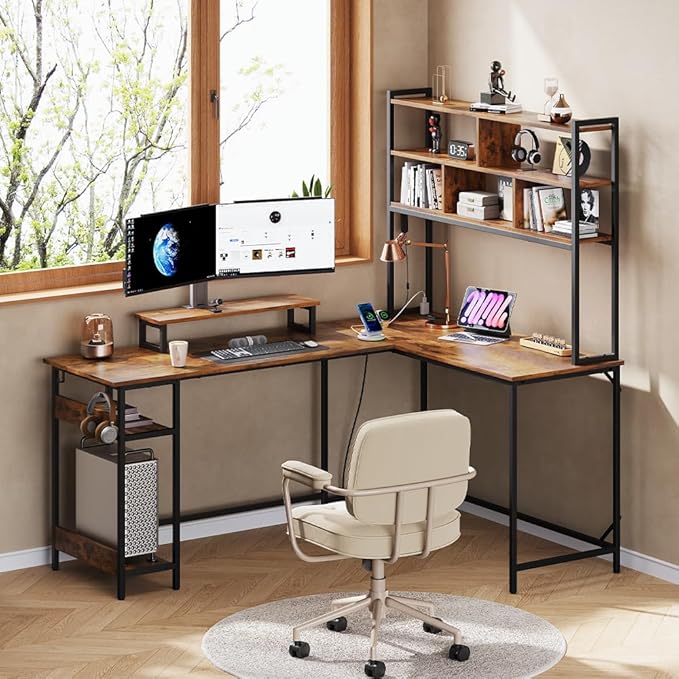DEVAISE 66 Inch L Shaped Gaming Desk with Drawers and Storage, Corner Desk with LED Lights, Power Outlets, Computer Desk with Monitor Stand, Office Desk for Home, with Hutch, Rustic Brown