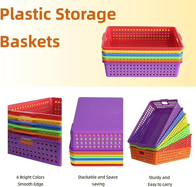RAUVOLFIA 6 Pack Plastic Turn in Paper Trays for Classroom, Colorful Storage Bin Basket Organizers for School Supplies, Classroom Organization and Storage Tray Holds 4A Paper (Bright Color)