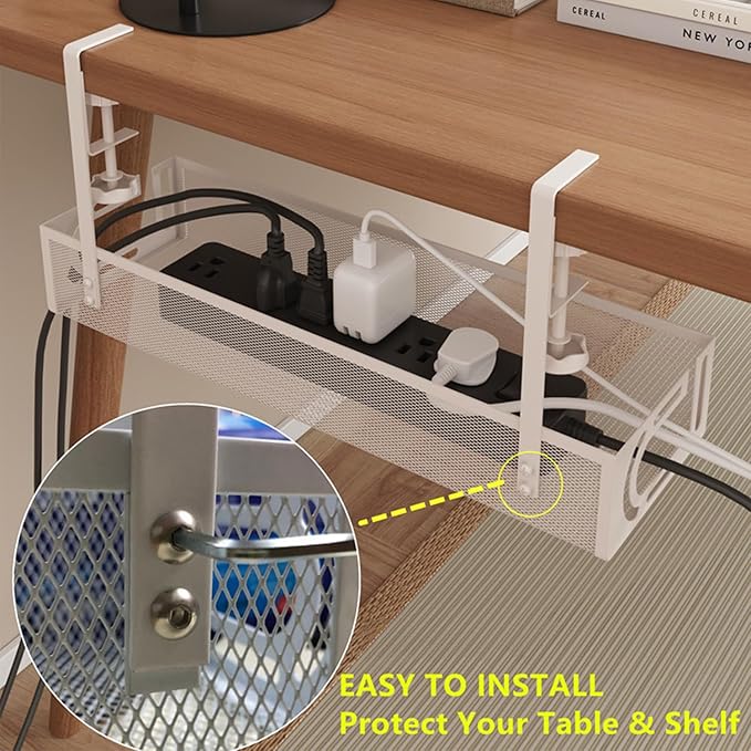 No-Drill Under Desk Cable Management Tray Tool-Free Installation with Dual Silicone Pads | No Adhesive, No Magnets, No Residue | Heavy-Duty Steel Construction for Wood & Glass Desktops (White)