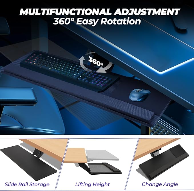 Keyboard Tray Under Desk， 360° Adjustable Slide Out Keyboard Tray Under Desk with Mouse Pad & Wrist Rest，Ergonomic Large Size Keypad Tray Holder， Suitable for Office/Game/Home