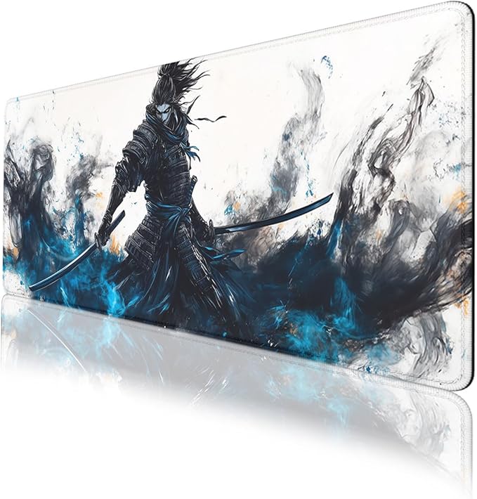 Dark Samurai Gaming Mouse Pad Japanese Legendary Armor Blue Flame Extended Mousepad Waterproof Stitched Edges Rubber Base Non-Slip Deskmap Computer Keyboard Mat 31.5x11.8 in