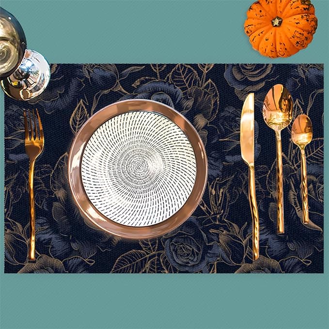 Placemats Set of 4 Heat-Resistant Rectangle Place Mats Black Flower Rose Washable Plastic PVC Dining Table Mat Non-Slip Wipeable Woven Vinyl Placemat for Kitchen Patio Table Decor