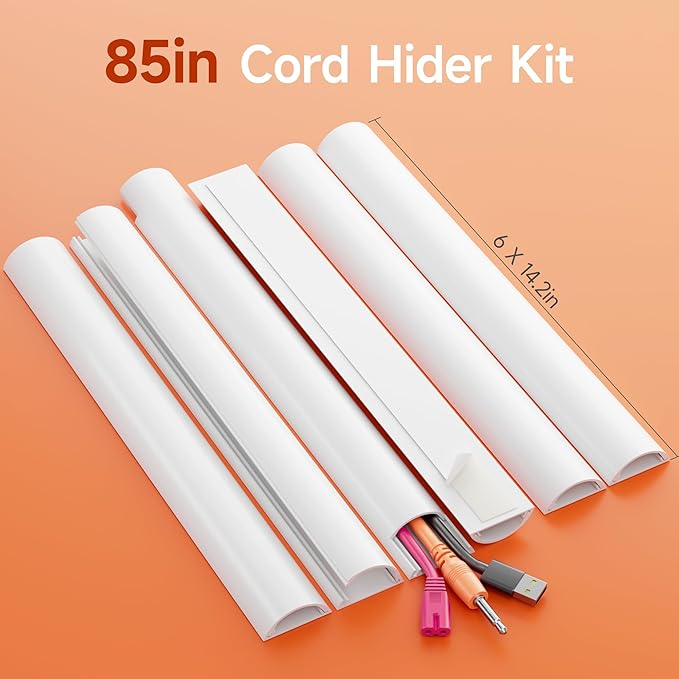 Delamu 85in Adhesive Cord Hider Wall, Mounted TV Cord Cover Kit, Multiple Cable Raceways for Wall Corner, Wire Cover Hiders for 2-3 Cables, 1.57" W X 0.59" H, White