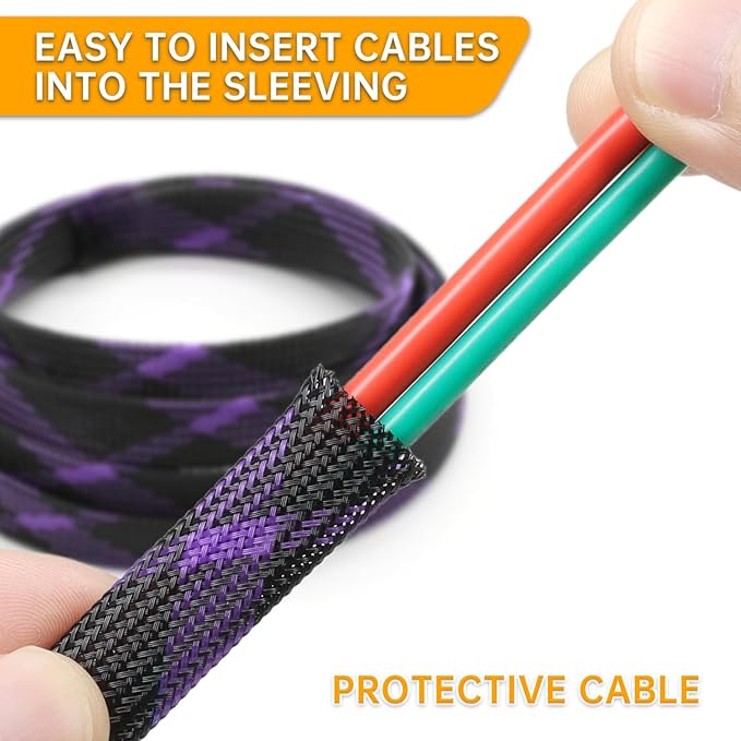 Braided Cable Sleeve, 33ft Expandable Wire Loom for Automotive Wiring Harness & PC Case, Pet-Proof Chew Resistant Cord Protector, Flexible Cable Management (Black-Purple, 6mm (1/4"))