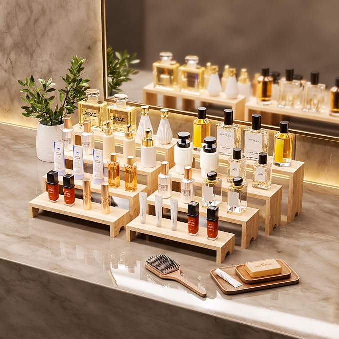 4 Tier Large Display Wooden Riser Stand 1 Set Decorative Rectangular Wood Racks 4 Pieces Stackable Perfume Organizer Cologne Stand Wood Dessert Table Display Set for Vendor Events (Wood color, 4PCS)