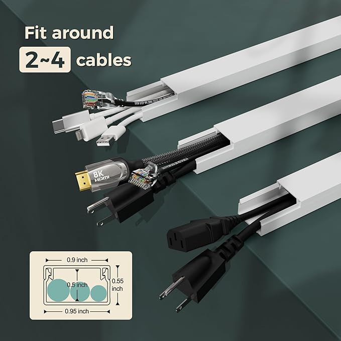 CableGeeker Cord Hider Kit, 113in Cord Covers for Wires on Wall, Paintable Self-Adhesive Cable Raceway, Wire Covers for Wall Mount TV & Home Office Cable Management, W0.95in H0.55in, White