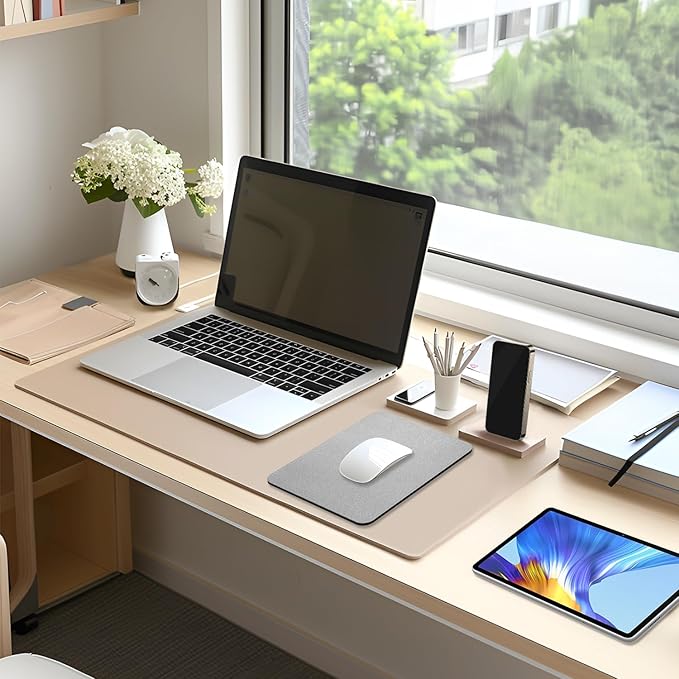 Leather Mouse Pad, Office Mouse Mat Non-Slip Rubber Base Stitched Edge Washable Waterproof Rectangular Mousepad for Office Gaming PC Laptop, 9.8" x 7.9", Silver