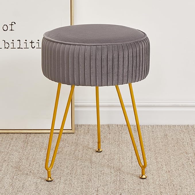 Velvet Vanity Stool Chair, Modern Ottoman Foot Rest Stool with Adjustable Golden Legs, Makeup Chair for Vanity, Multifunctional Makeup Stool for Vanity, Small Vanity Chair for Bedroom, Grey