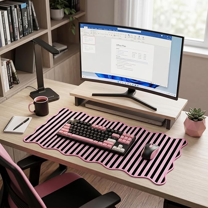 Scalloped Desk Mat Extended Large Cute Striped Mouse Pad Big Desk Pad XXL Aesthetic Stripe Mousepad Gaming Mouse Pad for Keyboard Computer Laptop Home Office Accessories 35.4X15.7Inches Black Pink