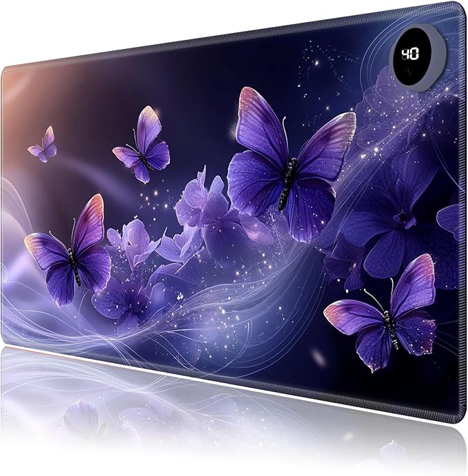 Heated Mouse Pad,Warm Desk Pad with 3 Levels Heating & 3 Hours Auto Shut-Off, PU Leather Heated Desk Pad Warmer Pad for Home Office - 23.6 x 14.2 inch,Purple Butterfly