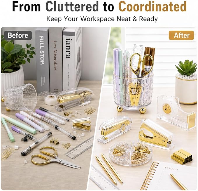 Office Desk Accessories Supplies - 11 Pcs Gold Desk Decor Set with 360-Degree Rotating Pen Holder, Women Cute Aesthetic Office Essentials Kit, Stapler Tape Dispenser, Acrylic Gift for School Home Work