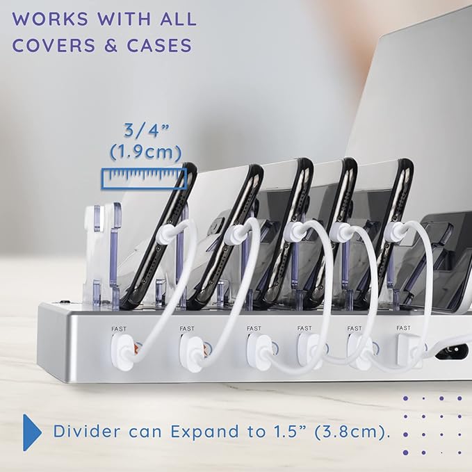 Charging Station for Multiple Devices – 6-Port USB Charging Dock for Apple & Android – Fast Multi-Charger Organizer for Phones, Tablets & More (Silver)