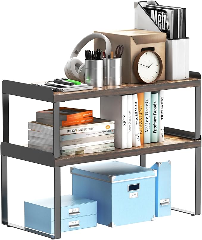2 Sets Desktop Shelves & Office Shelves, 2 Tier Independent Stackable, Desktop Shelf Stand, Shelf for Desk Organization, Metal and Engineered Wood (Black+Vintage)