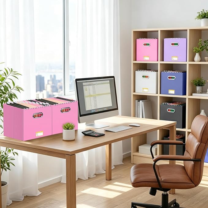 BALEINE File Organizer Box, Cardboard File Folder Organizer with Handle for Letter Size, Portable Collapsible Hanging Filing Box for Home Office Document Storage (8 Pack, Large Pink)