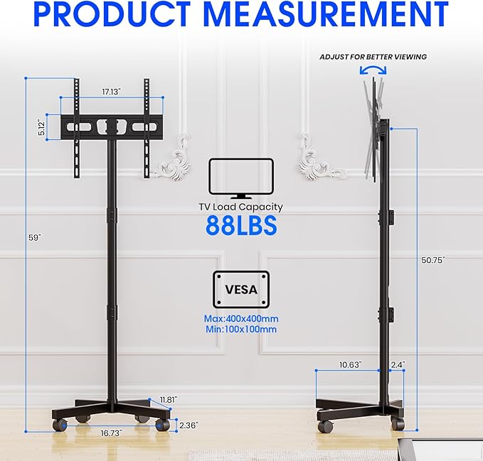 Mobile TV Stand for 23-60 Inch LCD LED OLED Flat Panel Curved Screen TVs up to 88 lbs, Tilt and Height Adjustable, Locking Rolling Wheels TV Cart, Max VESA 400x400mm, Black